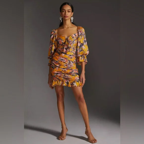 Anthropologie Ranna Gill Ruched Floral Mini Dress - Picture 2 of 16